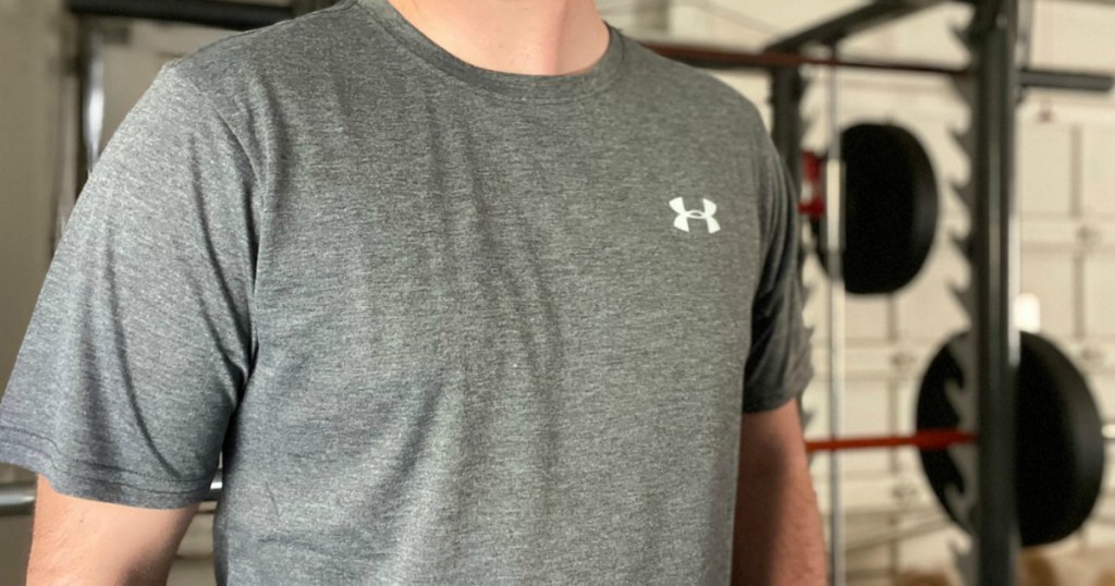 guy wearing an Under Armour Tee in a garage gym
