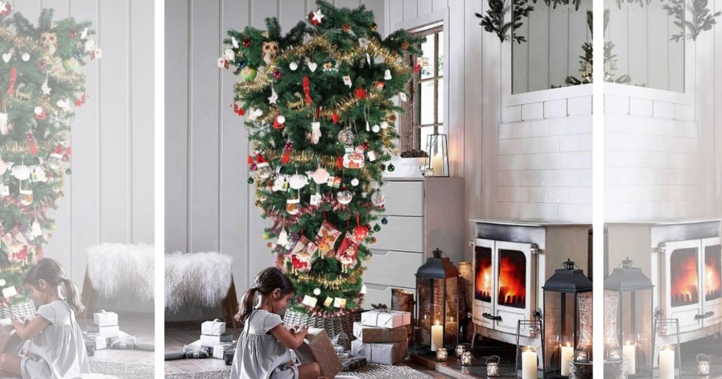 Girl opening Christmas gifts under an Upside Down Christmas Tree