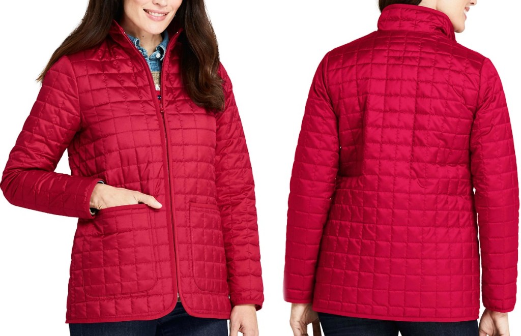 Woman wearing a red winter jacket - front and back view