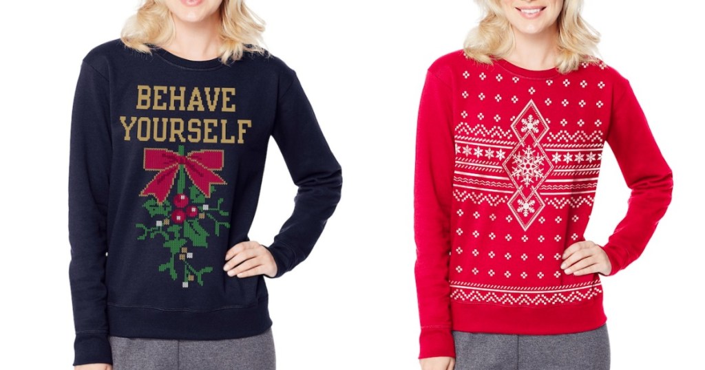 Women modeling ugly Christmas Sweaters