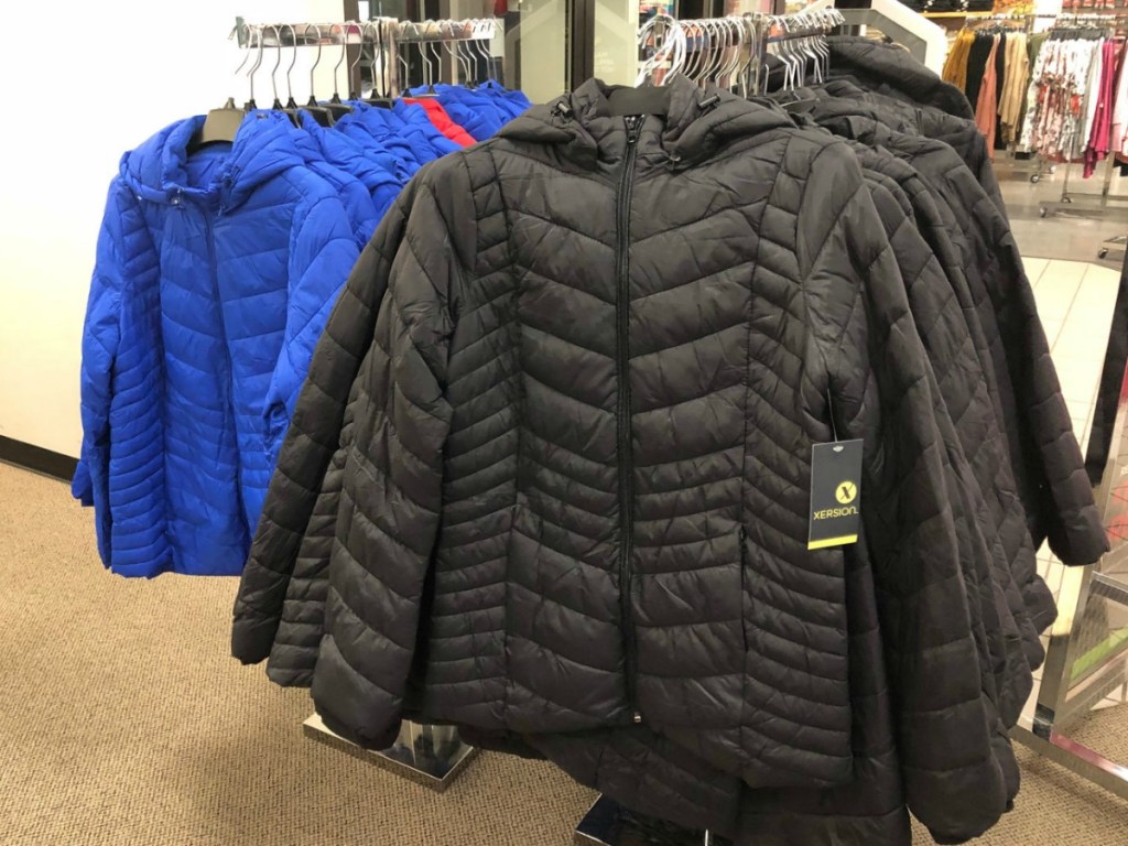 Women's Puffer Jackets on hangers on display at JCPenney