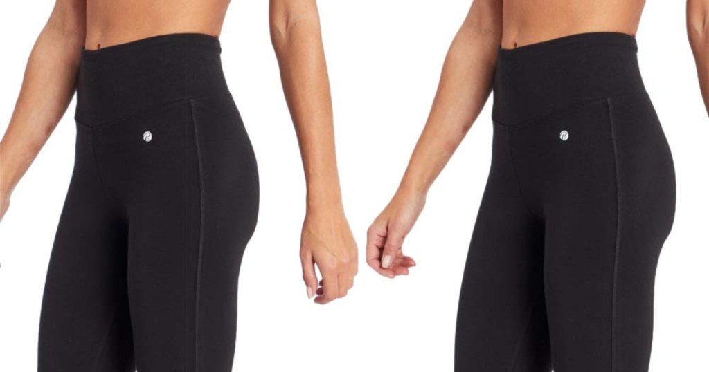 two women wearing black leggings
