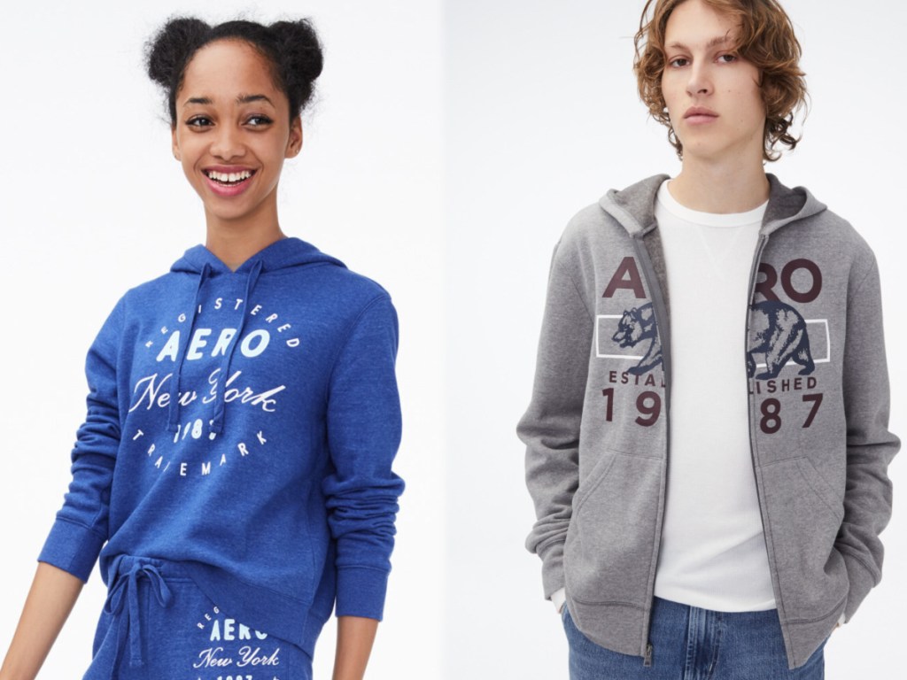 girl and guy modeling aero hoodies