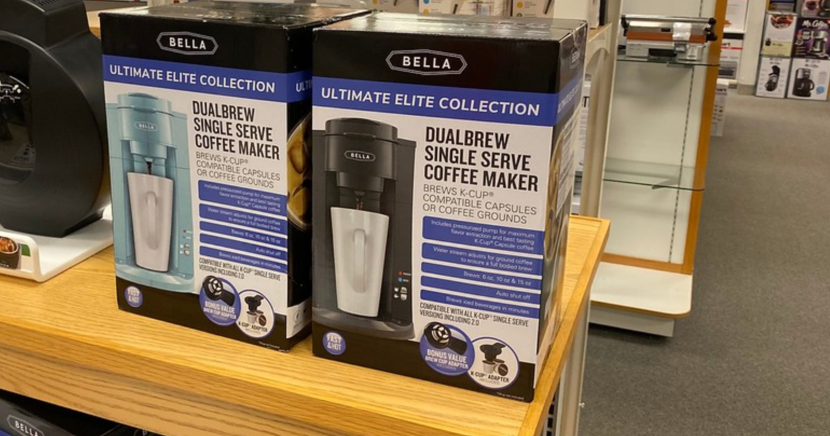 bella dual brew single serve coffee maker on shelf