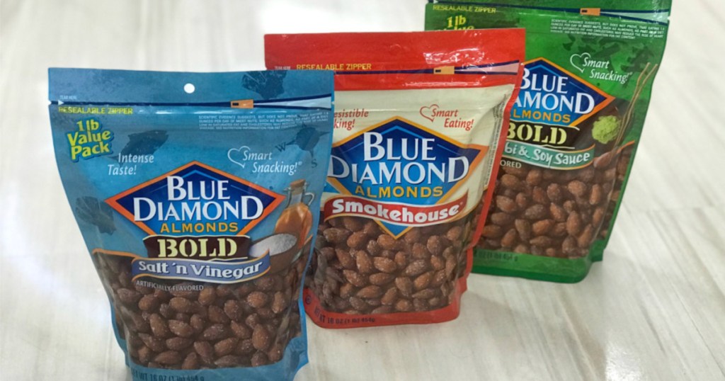 blue diamond almond bags in a line on the floor