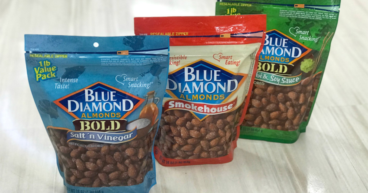 blue diamond almond bags in a line on the floor