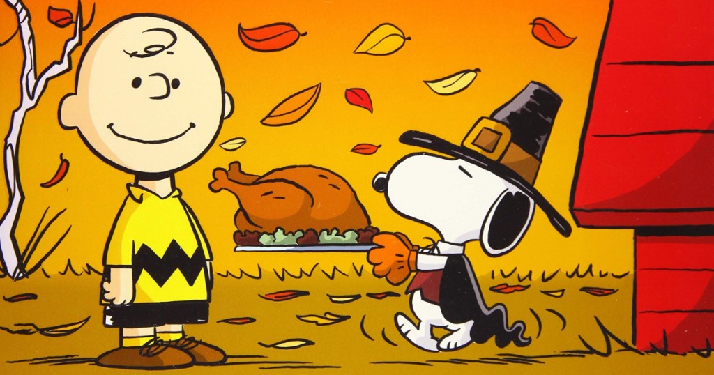 Charlie Brown and Snoopy with turkey