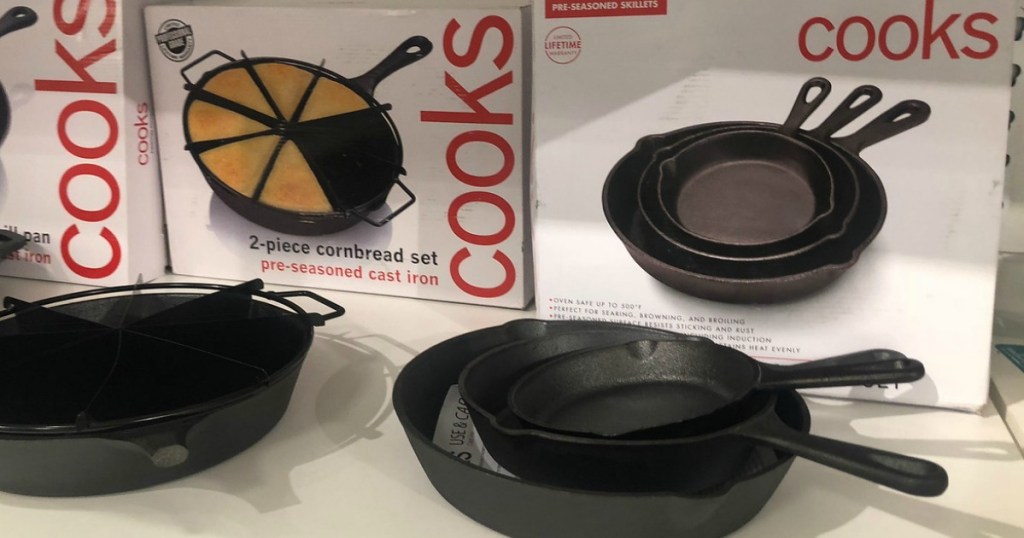 cast iron fry pans on display at store