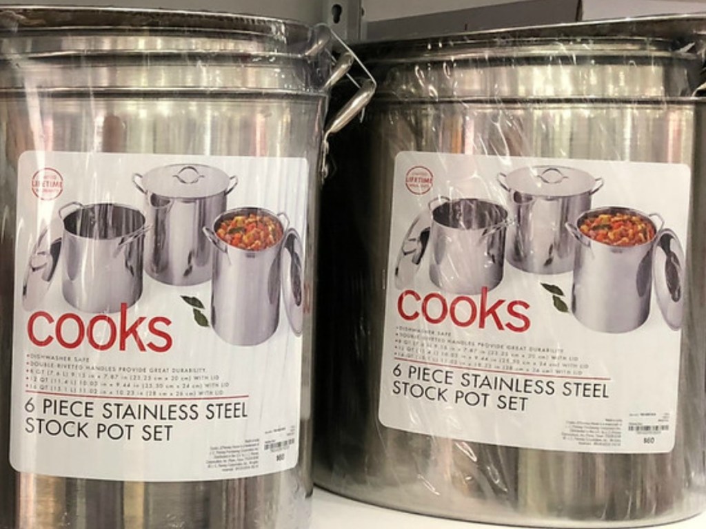 stainless steel pots on store shelf