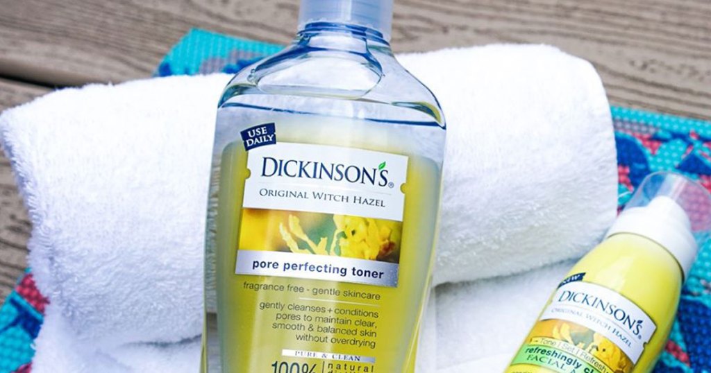 Dickinson’s Original Witch Hazel Pore Perfecting Toner laying on towels
