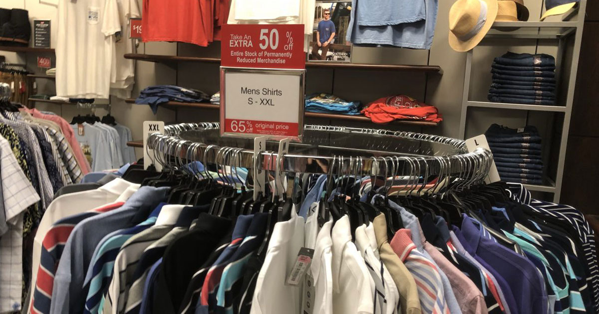 In-store picture of a clearance rack in the men's section at Dillard's