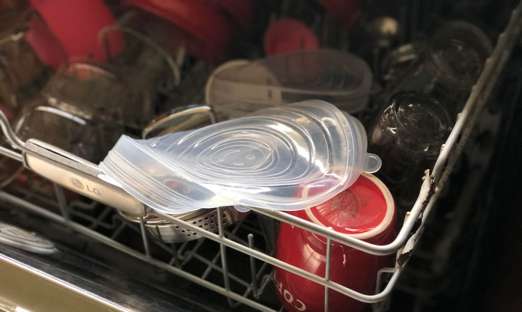 silicone lids on top rack of dishwasher 