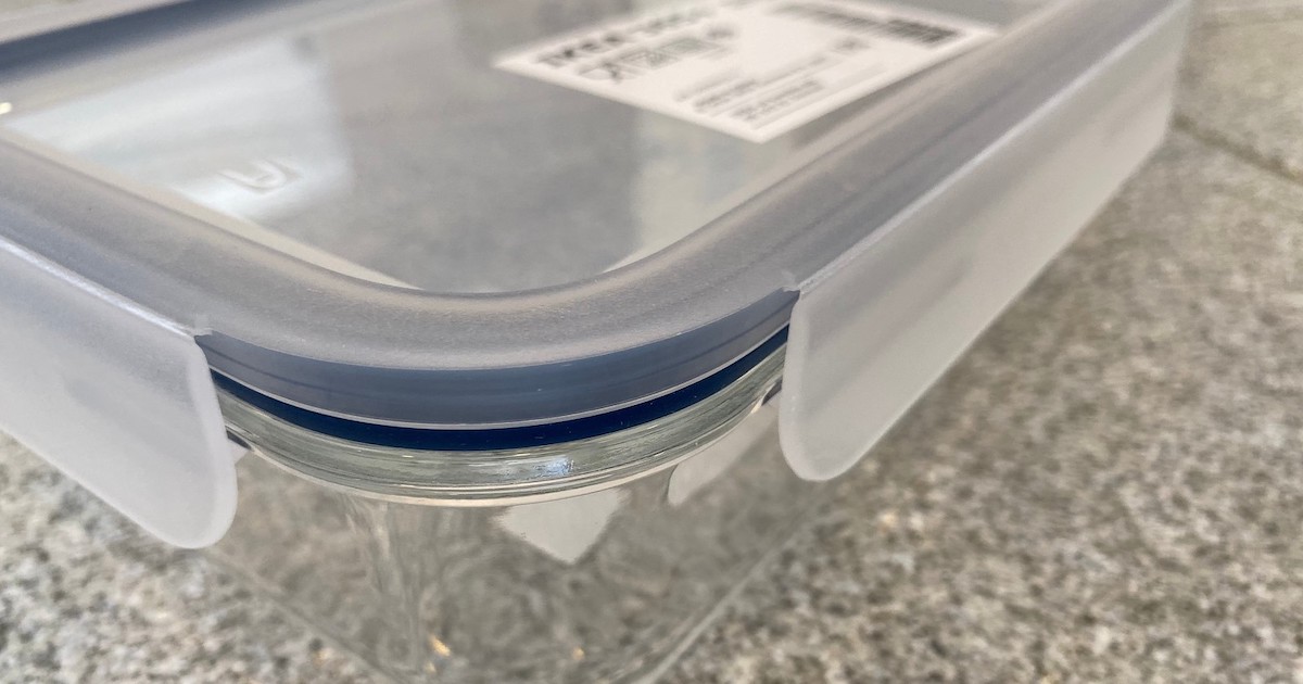 clear IKEA food container with lid and sticker