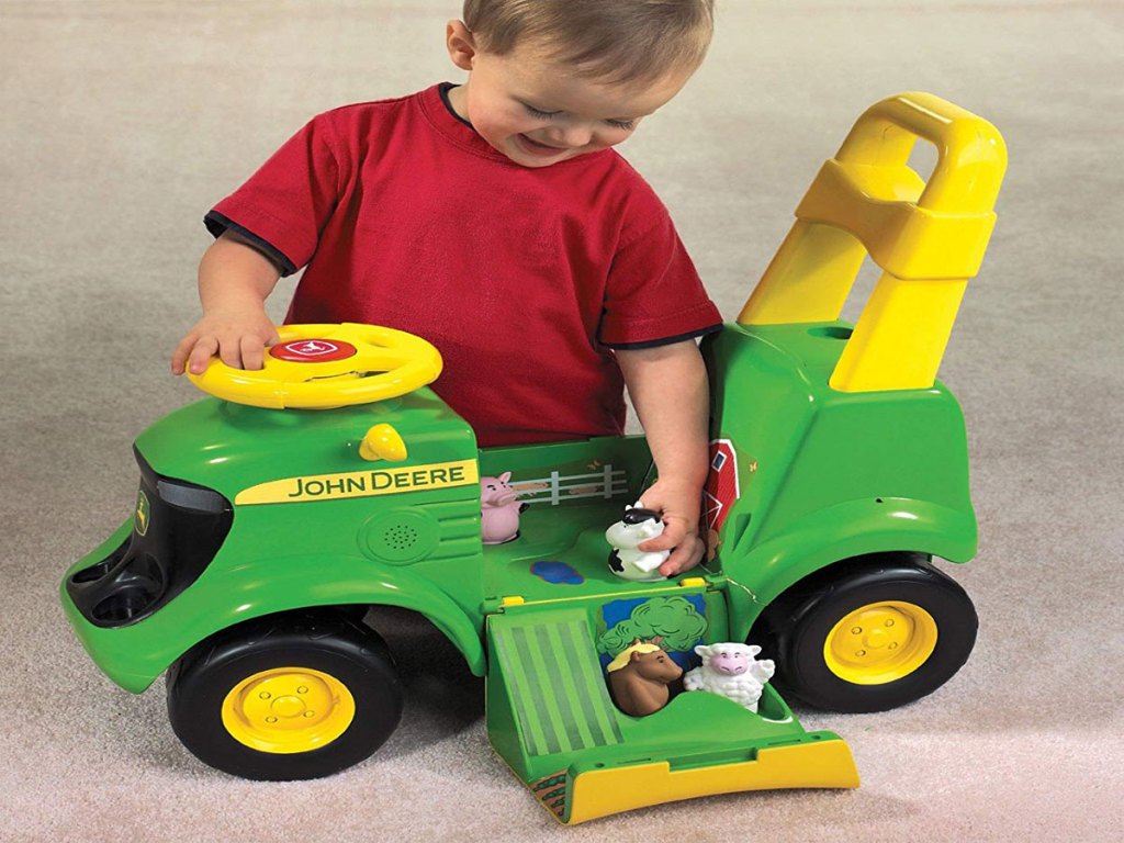 John Deere Sit 'N Scoot Tractor, 3-in-1 Ride on Tractor + Farm Animal Toys & Handle