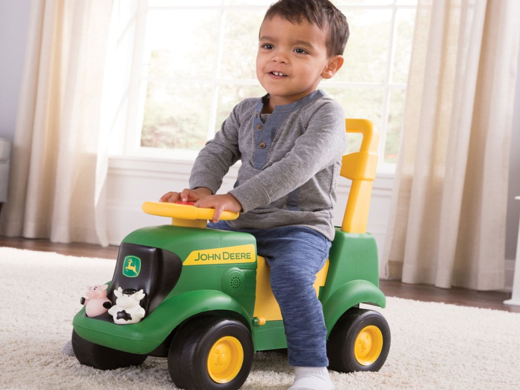 John Deere Sit 'N Scoot Tractor, 3-in-1 Ride on Tractor + Farm Animal Toys & Handle