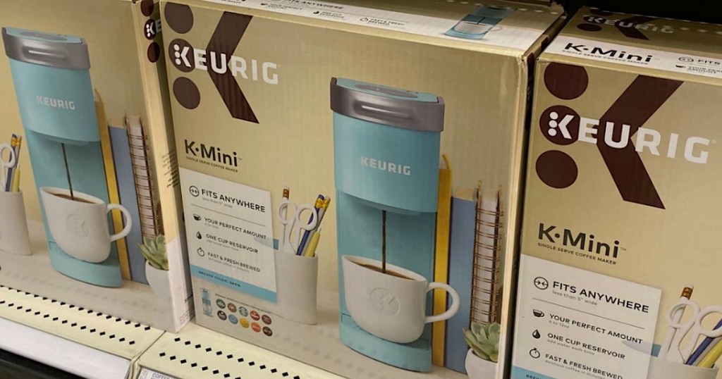 shelf view of Keurig K-Mini Single Serve Coffee Maker in blue