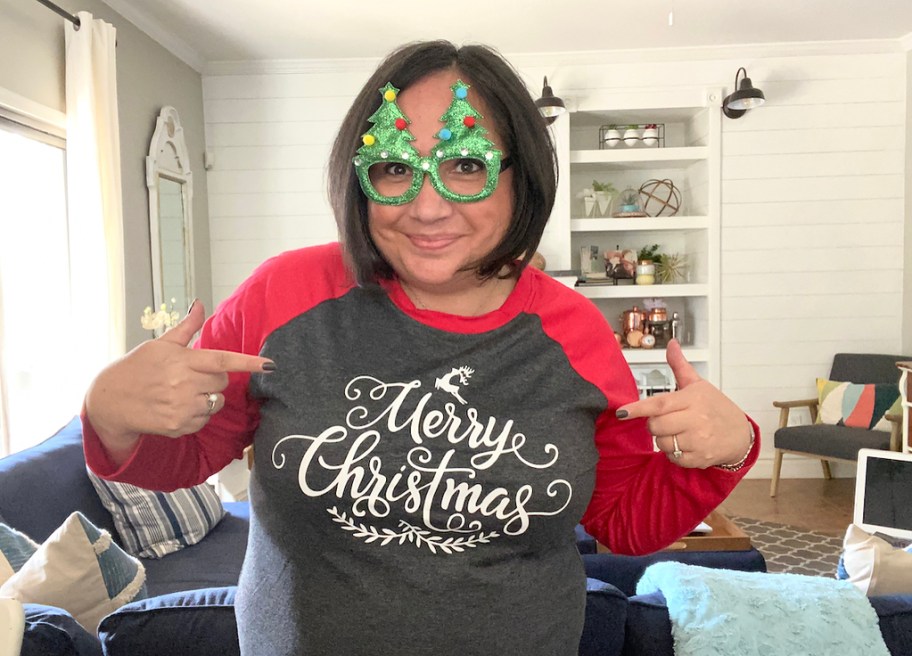 woman wearing Christmas glasses and shirt