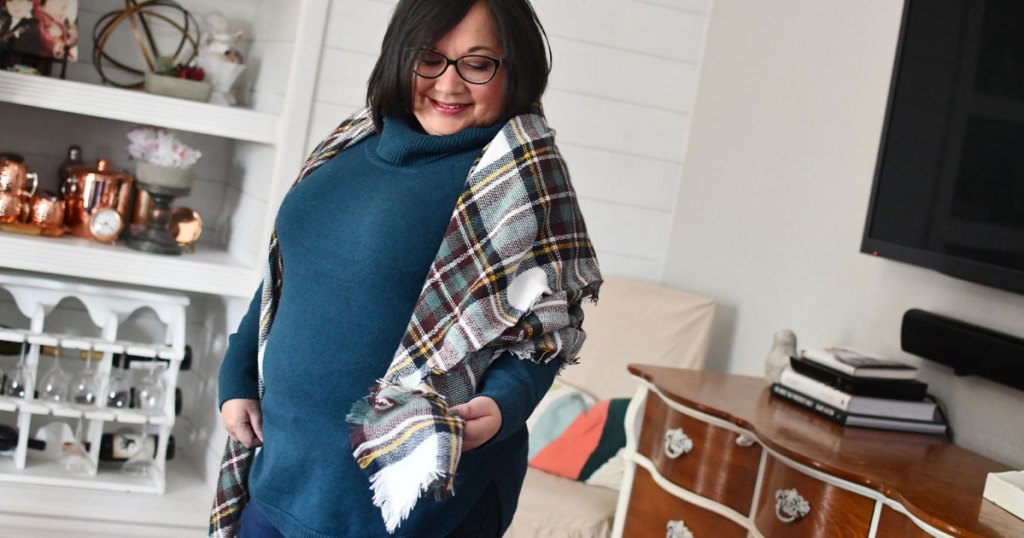 Lina wearing a Berlin Plaid Scarf from Cents of Style