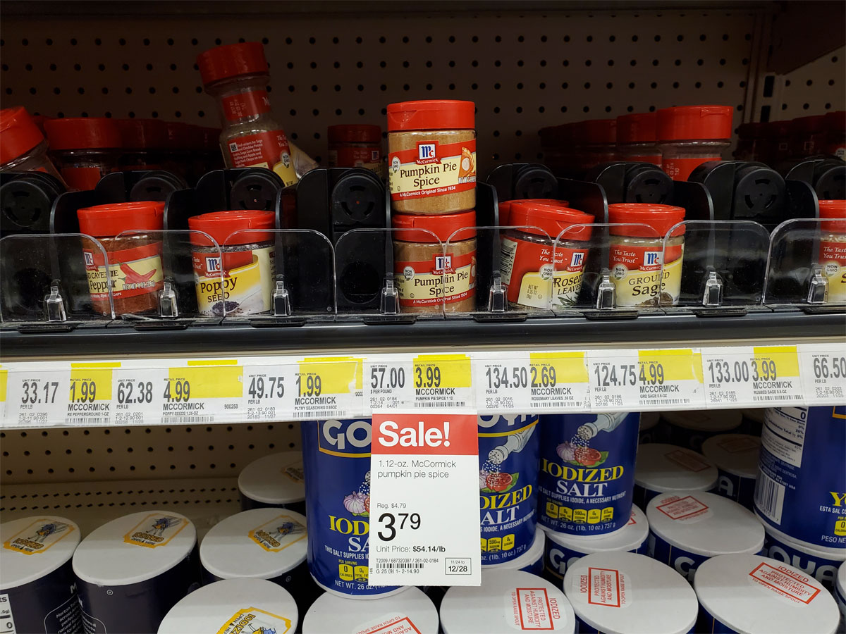 McCormick Pumpkin Pie Spice at Target on a shelf with other spices