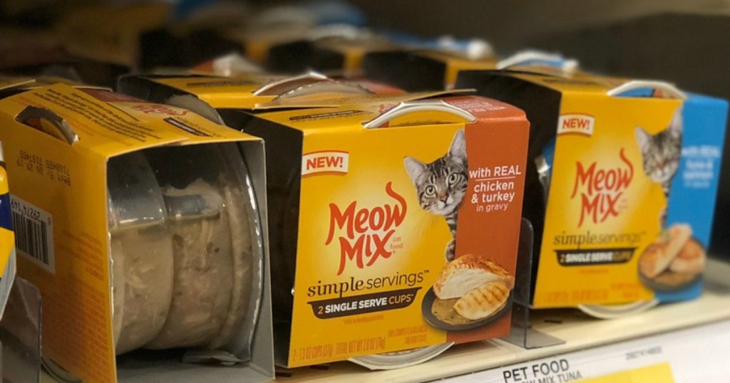 meow mix wet food on store shelf