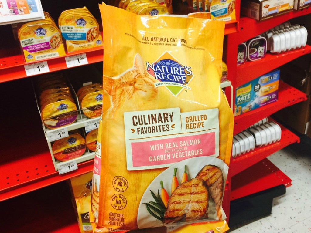 bag of cat food by store display