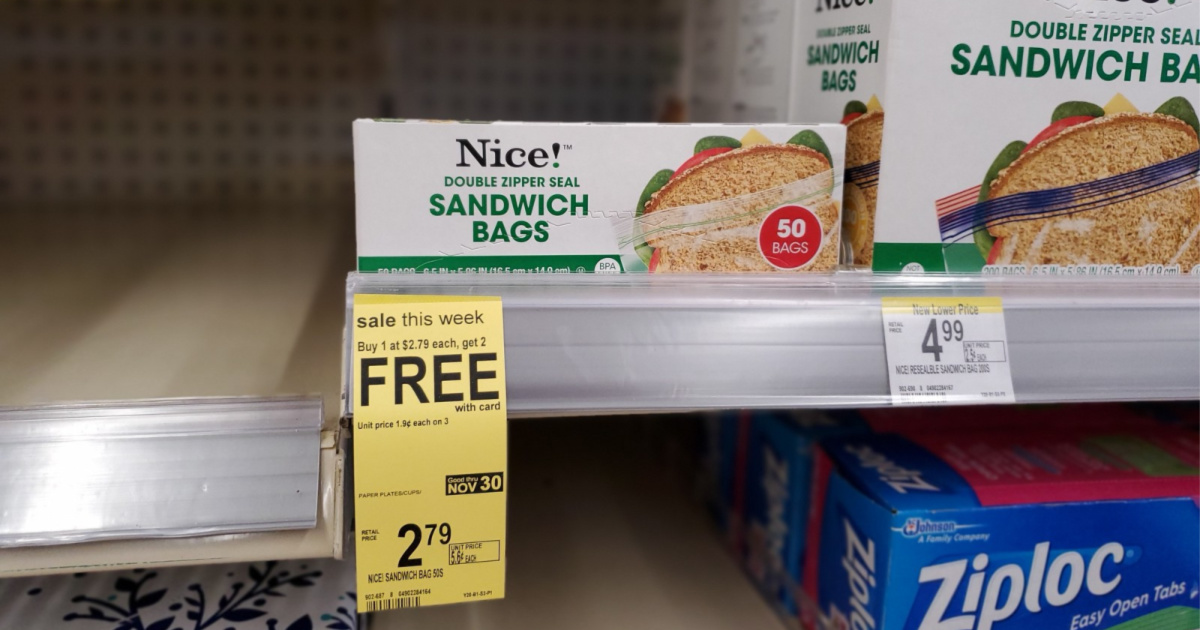 box of nice! sandwich bags on shelf at walgreens