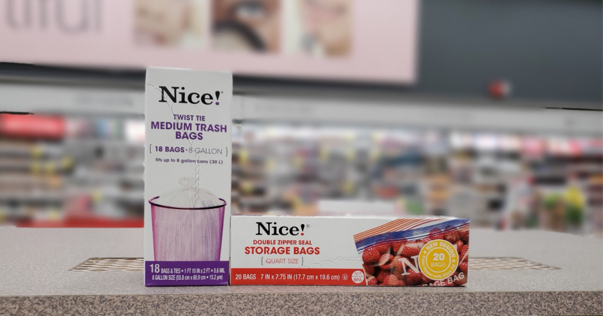 two boxes of nice! bags on shelf at walgreens