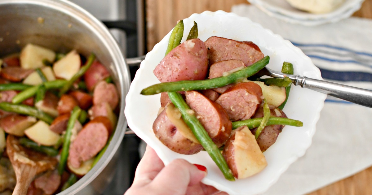 budget friendly dinner ideas - bowl of sausage potatoes and green beans