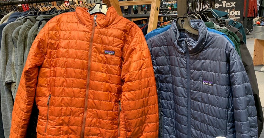 patagonia winter coats blue and orange on display