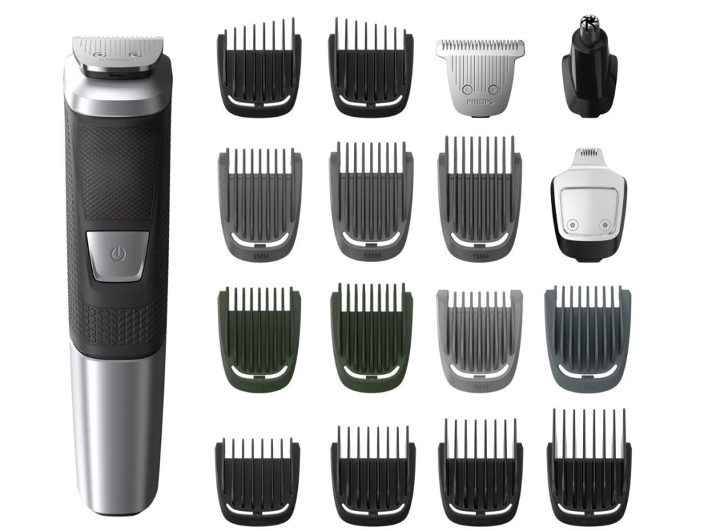 stock image of Philips Norelco Multigroom 5000 Trimmer and the 18 parts