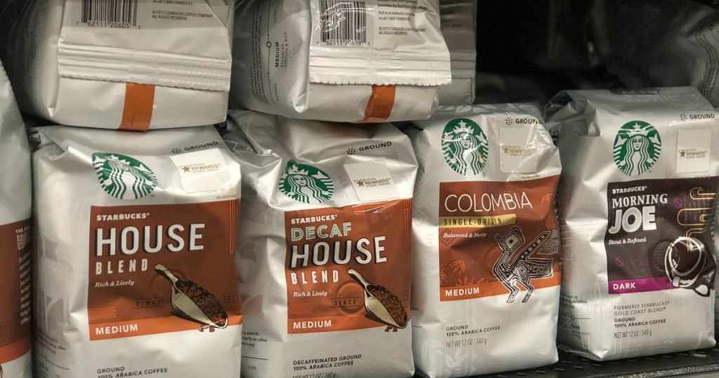shelf with bags of coffee in store