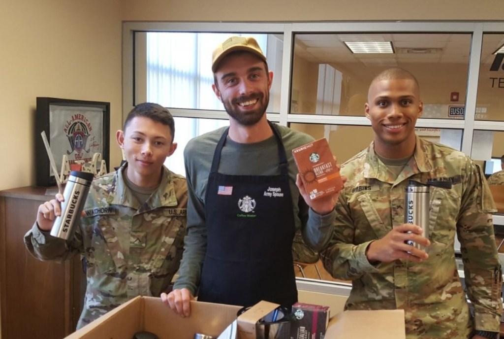 Starbucks barista with military personnel