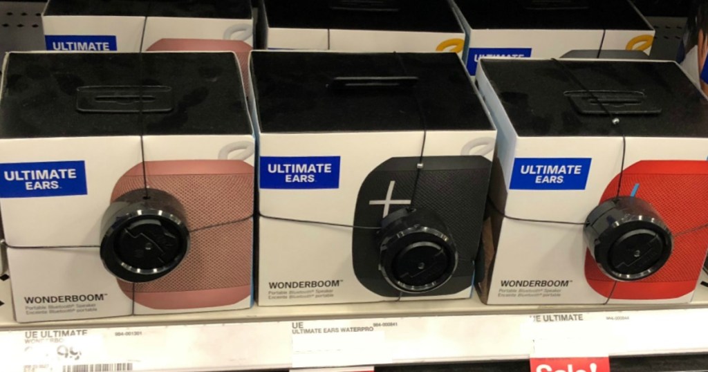 ue wonderboom portable speakers on store shelf