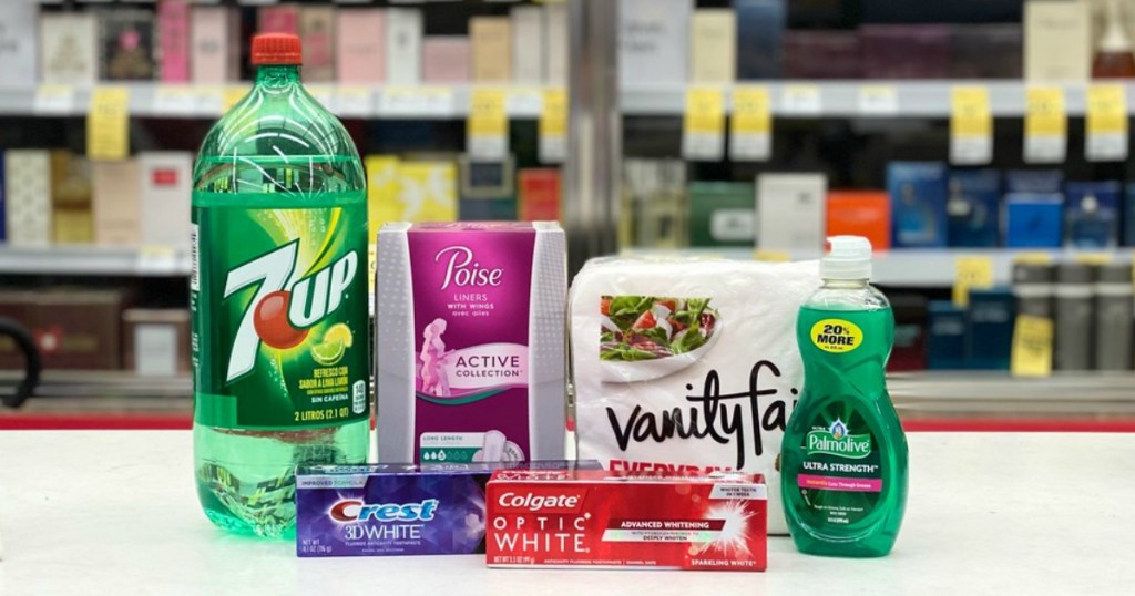 7up soda, poise pads, vanity fair napkins, palmolive, crest and colgate toothpaste at walgreens