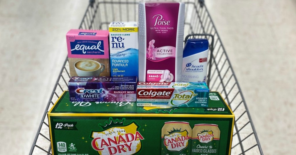 equal, renu, poise, head & shoulders, canada dry, crest and colgate products in cart at walgreens