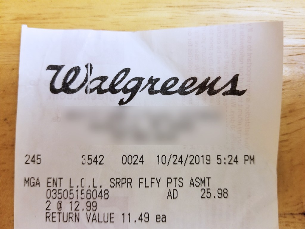 Walgreens receipt for LOL Surprise doll