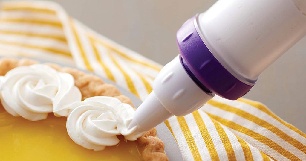 using the Wilton Dessert Decorator Plus Cake Decorating Tool to decorate a pie with whip cream