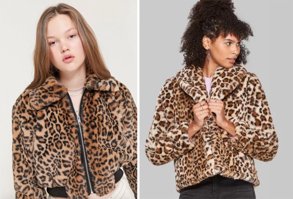 Models wearing faux leopard print coats