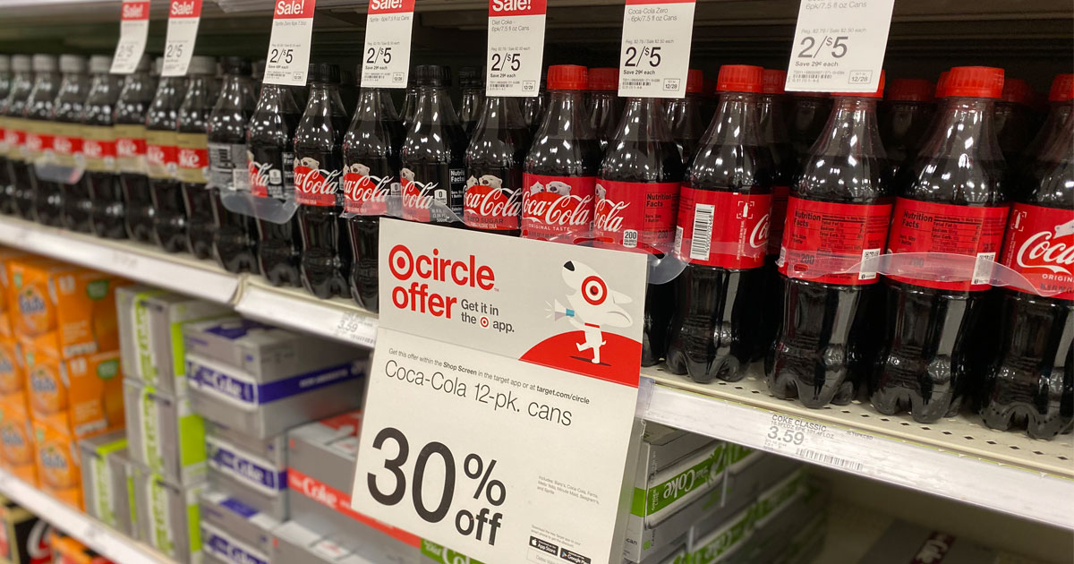 30% off coca cola and other soda at Target on a shelf