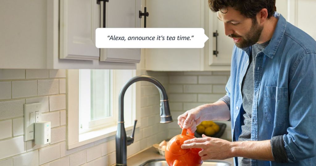 Amazon Echo Flex in the kitchen with man pouring tea