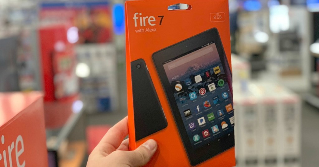 Amazon Fire 7 Tablet in package in hand at store