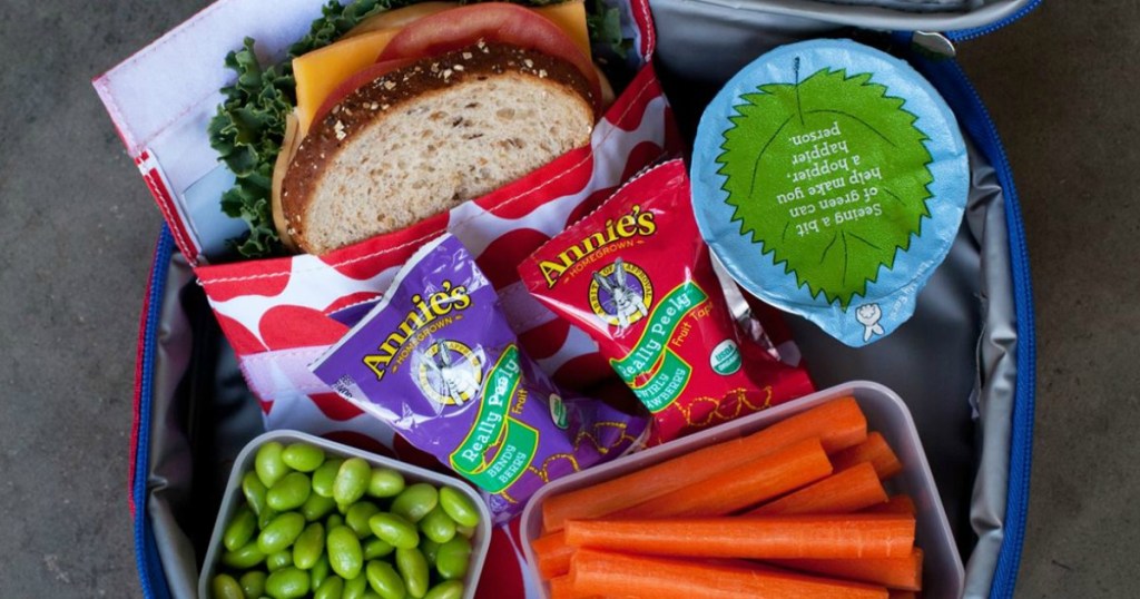 Annie's Really Peely snacks in a lunch box with a sandwich, vegetables, and a fruit cup