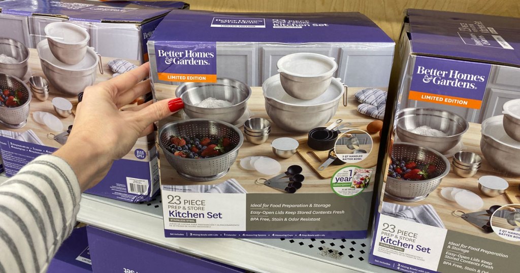 woman holding Better Homes and Gardens Stainless Steel Prep Set on shelf