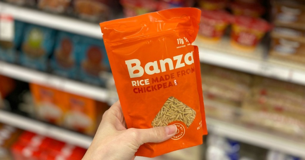 hand holding package of Banza Rice
