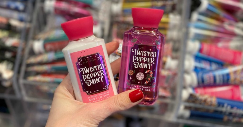 Bath & Body Works travel sized products in hand at store