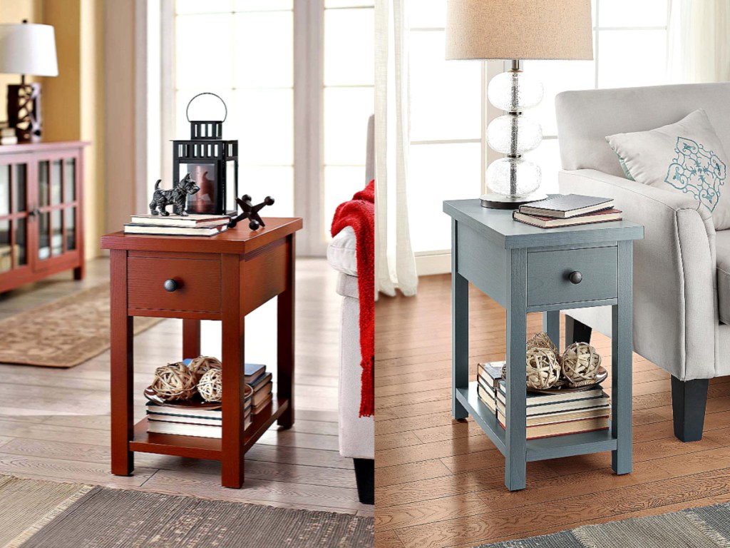 Bring style and functionality to a room with the Better Homes & Gardens Oxford Square End Table with handy storage drawer. It is made of solid wood with an attractive finish and antique bronze hardware that is sure to complement most any interior decor or furniture style from classic and traditional to modern and contemporary and everything in between. The versatile design allows you to use it in multiple ways; as an end table, accent table, nightstand, printer table or plant stand, and it can be used in virtually any room in your home, from the living room or family room, game room, study or home office and beyond. It has a lower shelf that is suitable for keeping magazines, books or collectibles and a single drawer that's ideal for concealing a TV remote, car keys and other personal items. Additionally, the top surface gives you enough space for a lamp or plant. It is easy to assemble, so you can begin enjoying it almost immediately. Coordinates with other pieces in the Better Homes & Gardens Oxford Square Collection.