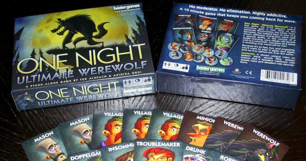Bezier Games One Night Ultimate Werewolf game pieces and box