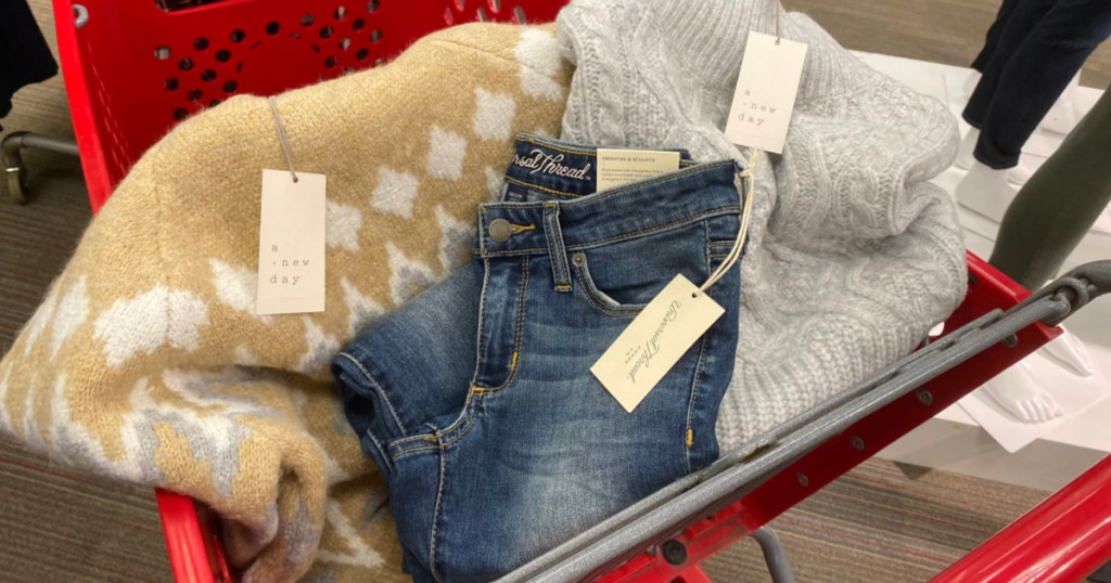 Sweater, Jeans and top in Target shopping cart