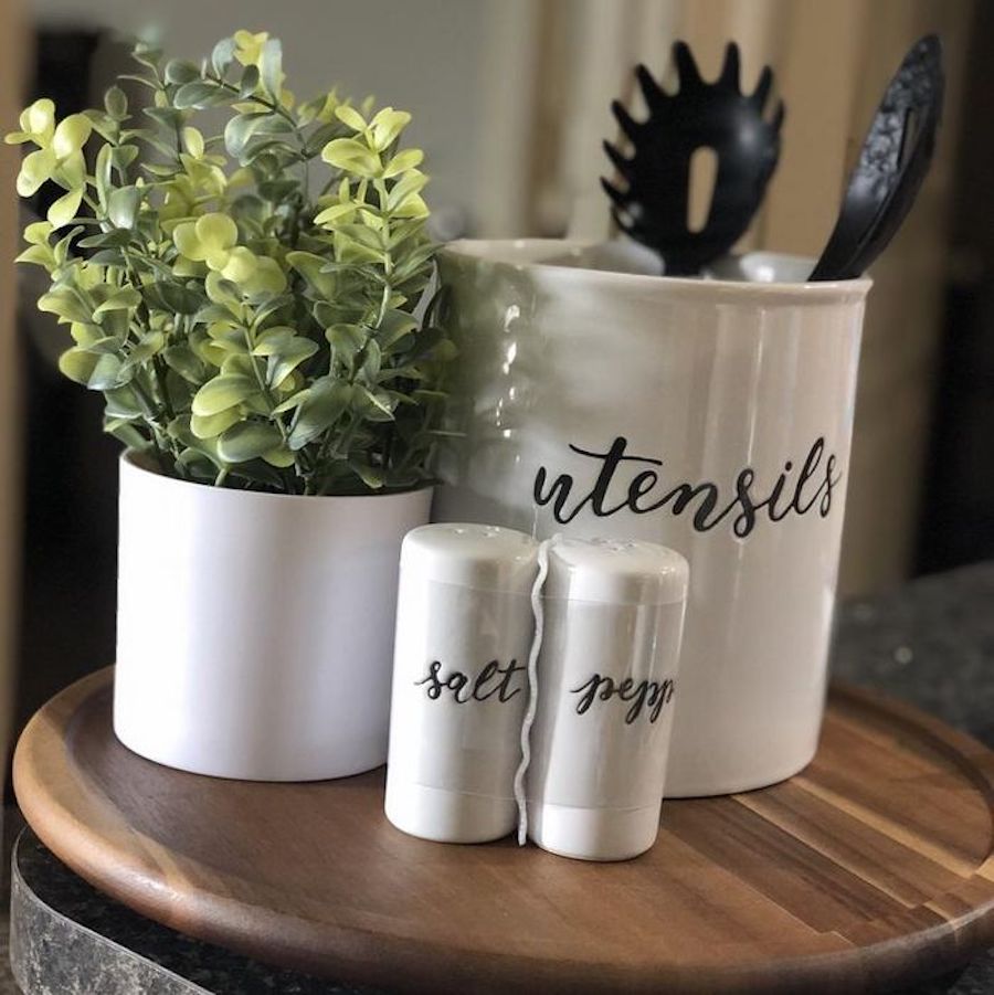 Boxwood Plant paired with utensil bin and shakers