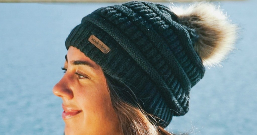 Woman wearing Brook & Bay beanie from Amazon in dark teal color